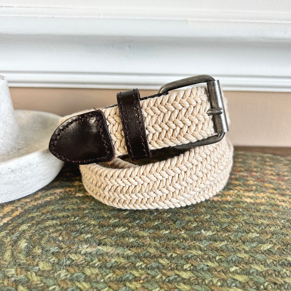 Woven Braided Cord Belt Beige Tan with Brown Leather Trim and Metal Buckle